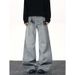 "Unisex Vintage Washed Distressed Jeans – High Street Winter Denim With Letter Print, Relaxed Straight-Leg Micro Flare | Retro Comfort "_mkmklike.com