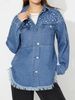 Women's Clothing Distressed Denim Jacket With Beaded Embellishments - Oversized Fit, Long Sleeve, Casual Streetwear For Women (Light Blue, Dark Blue)_mkmklike.com