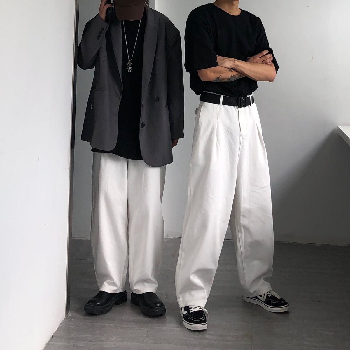 Denim Floor-length Pants For Men Women, Oversized, Japanese And Hong Kong Style, High-waisted, Loose, Vintage, Casual,_mkmklike.com