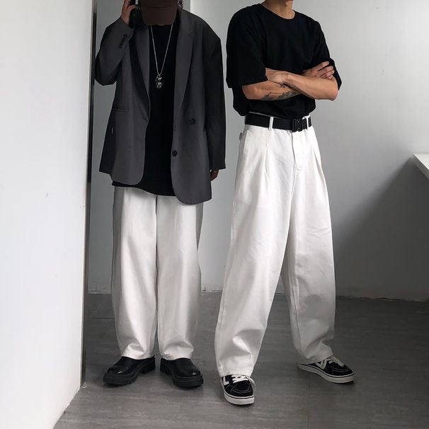Denim Floor-length Pants For Men Women, Oversized, Japanese And Hong Kong Style, High-waisted, Loose, Vintage, Casual,_mkmklike.com