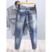 Summer High Street Washed Blue Ripped Cropped Jeans For Men Trendy Handsome Ink Splash Slim Fit Skinny Long Pants_mkmklike.com