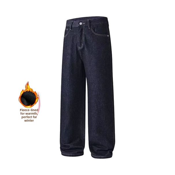 Men's Fleece Lined Wide Leg Straight Leg Jeans Denim_mkmklike.com
