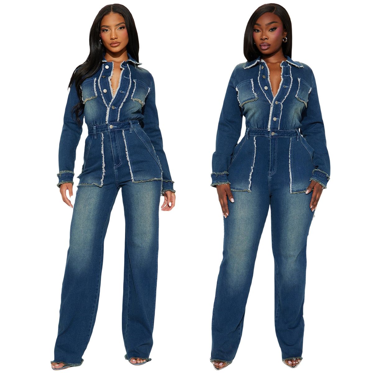 Stretch Flare-Leg Denim Jumpsuit With Distressed Hem – Slim Fit Long Sleeve Romper For Women & Men (Blue, S-2XL)_mkmklike.com