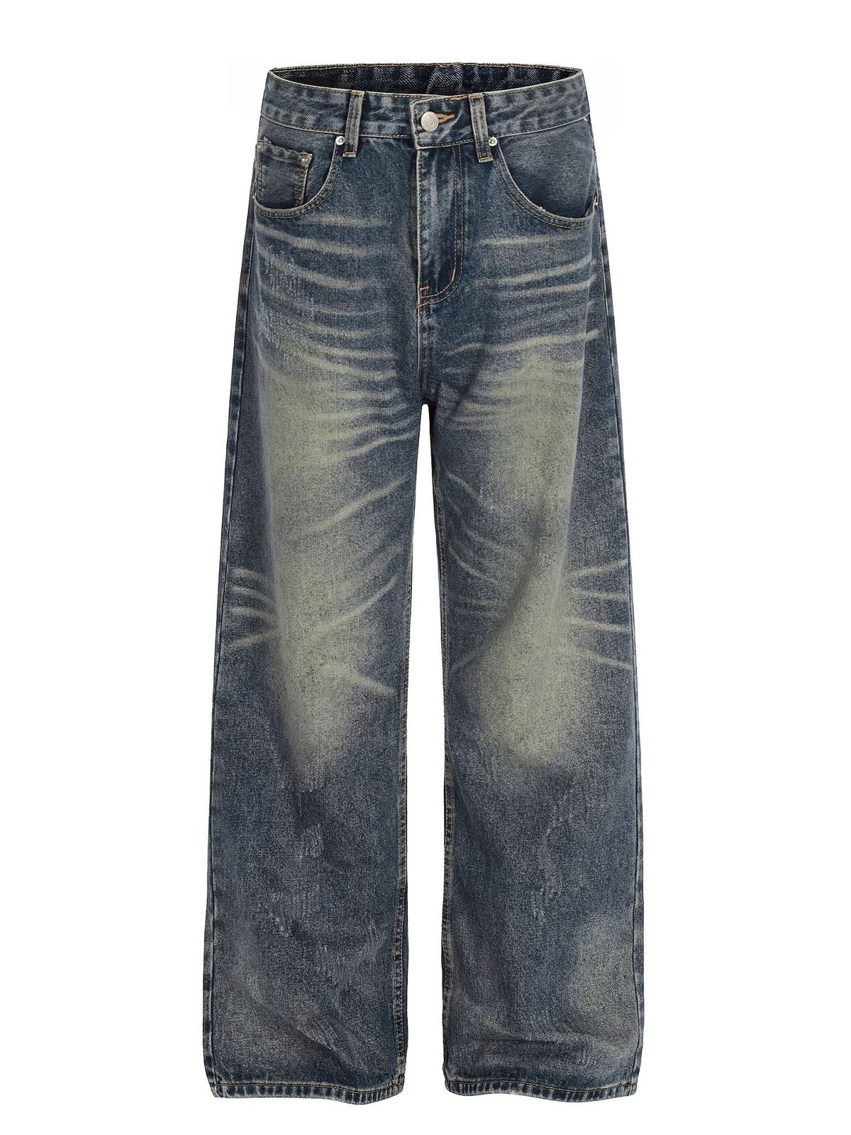 Retro Washed Distressed Whisker Pattern Jeans Loose Straight Leg Casual Wide Leg Trousers mid Waist Zipper Fly Soft Fabric_mkmklike.com