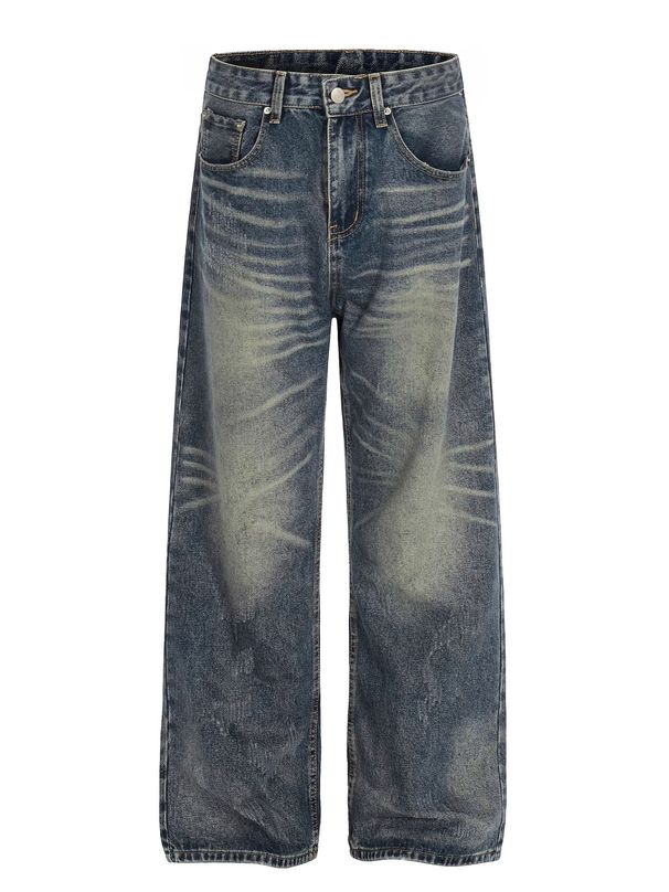 Retro Washed Distressed Whisker Pattern Jeans Loose Straight Leg Casual Wide Leg Trousers mid Waist Zipper Fly Soft Fabric_mkmklike.com