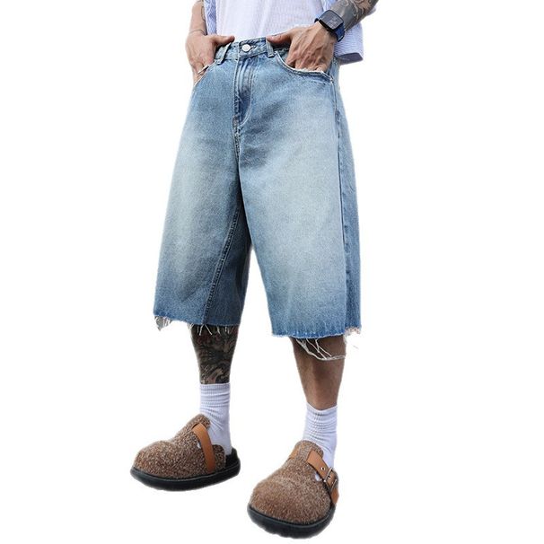 Retro Washed Blue Denim Frayed Hem Shorts Loose Fit Slimming Casual Versatile Korean Style Basic Six Point Pants_mkmklike.com