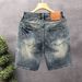 Men's Summer Casual High Street Embroidered Patch Retro Denim Shorts Trendy Patchwork Loose Five-Point Pants_mkmklike.com