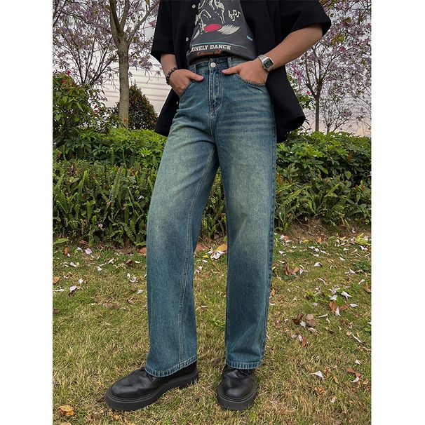 Nordmann American Retro Washed Blue Jeans For Men Loose Straight Leg Cool Long Trendy High Street Versatile Casual Pants_mkmklike.com