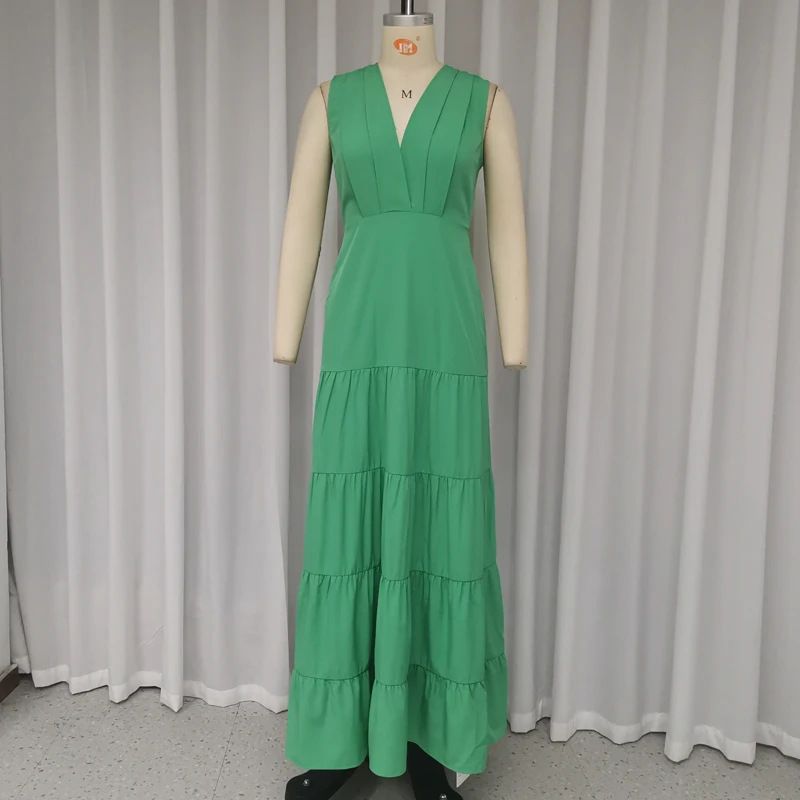 Women's Clothing Women's V neck High Waist Sleeveless Casual Style Long Dress_mkmklike.com