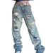 Men's High Street Hip Hop Washed Denim Jeans Cross Border Style Ripped Knees Casual Loose Straight Leg Trousers_mkmklike.com