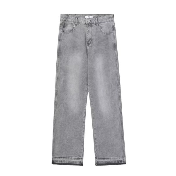 Men's Light Gray Washed Denim Jeans - Relaxed Straight Leg With Distressed Hem, Summer Thin High Street Fashion Pants_mkmklike.com
