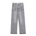 Men's Light Gray Washed Denim Jeans Relaxed Straight Leg Distressed Hem Midweight Cotton High Street Fashion Summer Pants_mkmklike.com