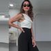 Women's Clothing fashion solid color oblique collar slim fit top high waist wide leg pants suit_mkmklike.com