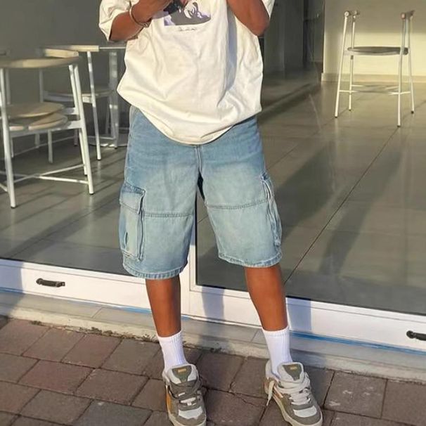 Men's Clothing Denim Loose Shorts Street Fashion Ins Workwear Denim Straight Five Point Pants_mkmklike.com