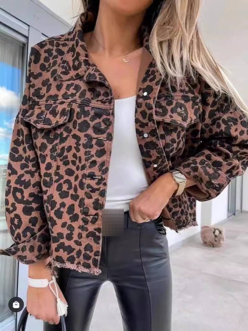Women's Clothing Fashion Leopard Print Denim Jacket - Relaxed Fit Short Sleeve Casual Blouse For Daily Wear_mkmklike.com