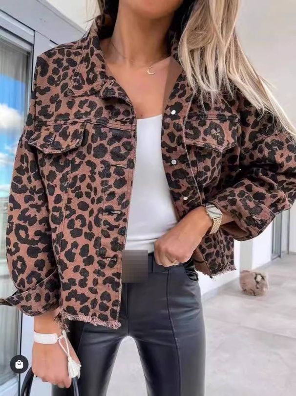 Women's Clothing Fashion Leopard Print Denim Jacket - Relaxed Fit Short Sleeve Casual Blouse For Daily Wear_mkmklike.com