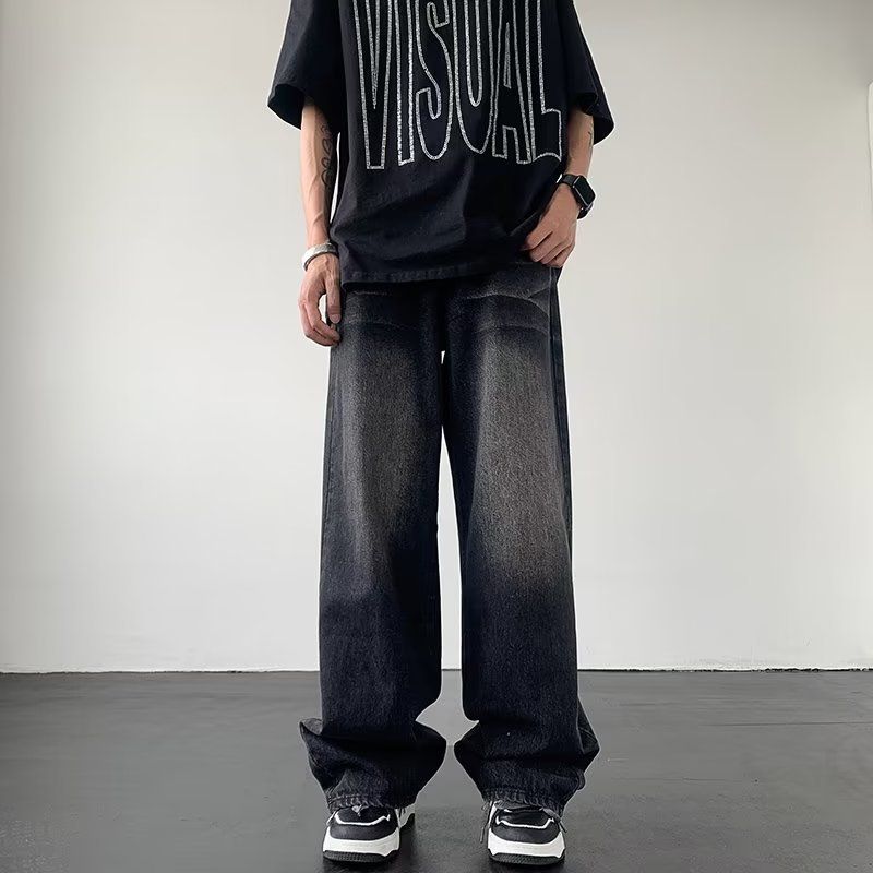 Men's Clothing Vintage Washed Black-Gray Distressed Denim Jeans For Men - Relaxed Fit, High Street Style, Straight & Flared Leg_mkmklike.com