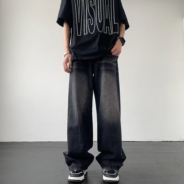 Men's Clothing Vintage Washed Black-Gray Distressed Denim Jeans For Men - Relaxed Fit, High Street Style, Straight & Flared Leg_mkmklike.com