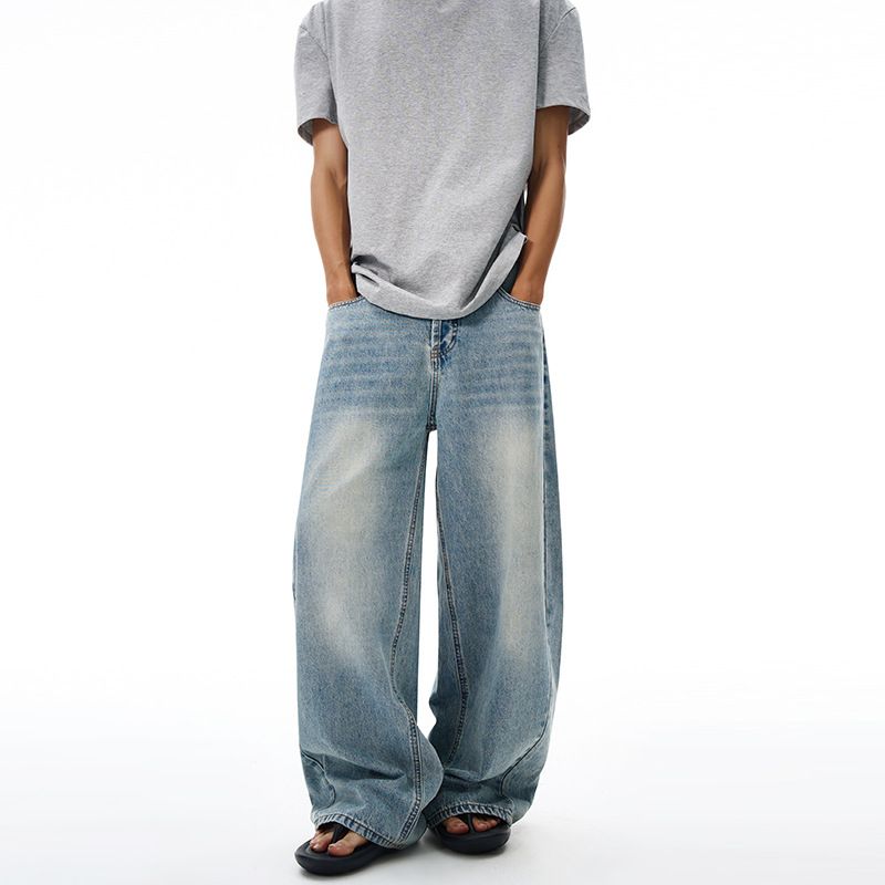 Unisex Vintage Washed Button Fly Jeans - Baggy Loose Fit Wide Leg Denim Pants With Classic Retro Style_mkmklike.com
