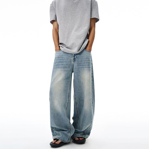 Unisex Vintage Washed Button Fly Jeans - Baggy Loose Fit Wide Leg Denim Pants With Classic Retro Style_mkmklike.com