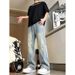 Men's Ripped Straight Leg Jeans Diagonal Cut Loose Fit Summer Style American High Street Trendy Slightly Flared Long Pants_mkmklike.com