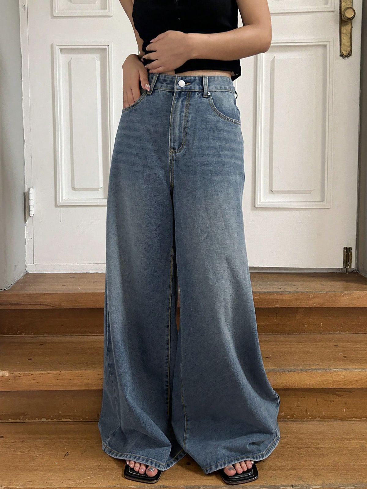 Women's Washed Blue Wide Leg Jeans Loose Straight Slimming Casual Pants European American Style_mkmklike.com