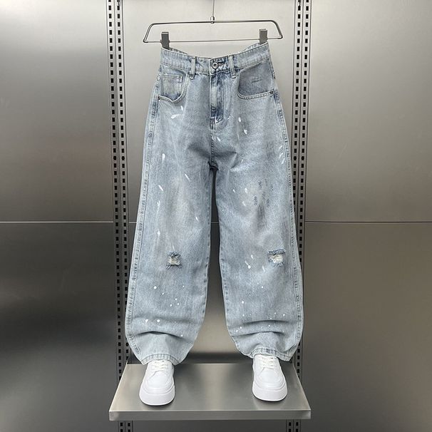 Loose Fitting Straight Leg Ripped Jeans for Men Casual Wide Leg Trousers American High Street Style Drape Paint Dot Design_mkmklike.com