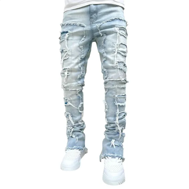 Fashion Mens Regular Fit Stacked Jeans Patch Distressed Destroyed Straight Denim Streetwear Clothes Casual Jean Pants_mkmklike.com