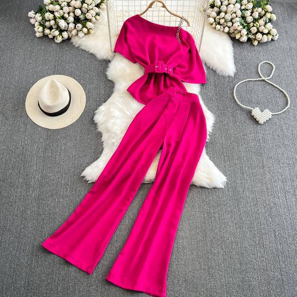 Women's Clothing elegant short sleeved oblique collar, off shoulder waisted short top, two piece suit, high waist wide leg pants_mkmklike.com