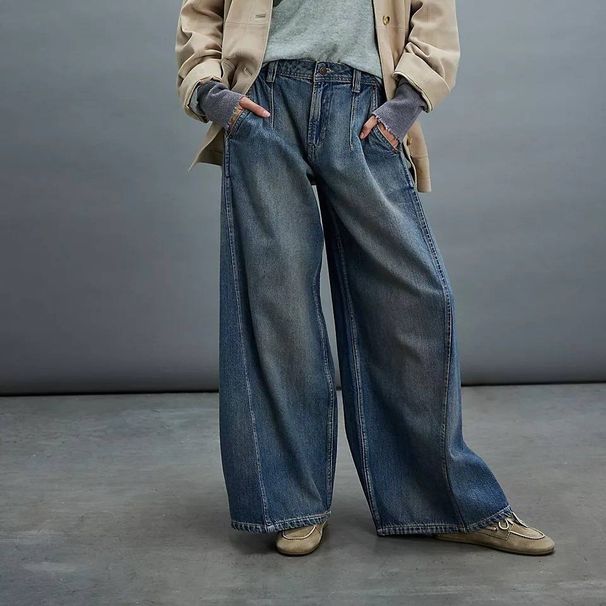 Vintage Wash High Waist Wide Leg Jeans For Women - Distressed Denim Pants With Medium Stretch, Comfortable Cotton Blend, Streetwear Fashion_mkmklike.com