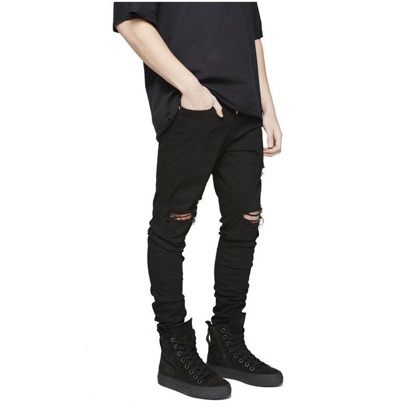 Men's High Street Slim Fit Jeans European American Kanye West Style Large Ripped Knee Elastic mid Waist Long Pants Trendy Black Blue_mkmklike.com