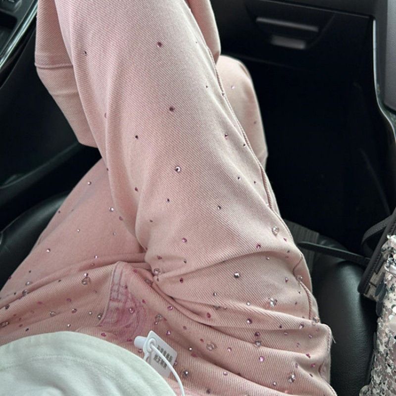 Women's Clothing Pink Hot Diamond Casual Wide Leg Jeans Spring And Autumn New High Waist Slim Design Straight Pants_mkmklike.com