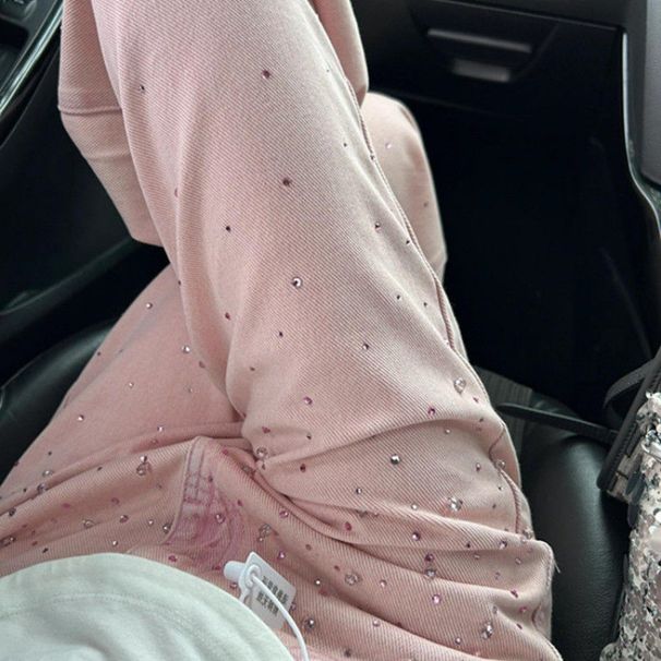 Women's Clothing Pink Hot Diamond Casual Wide Leg Jeans Spring And Autumn New High Waist Slim Design Straight Pants_mkmklike.com