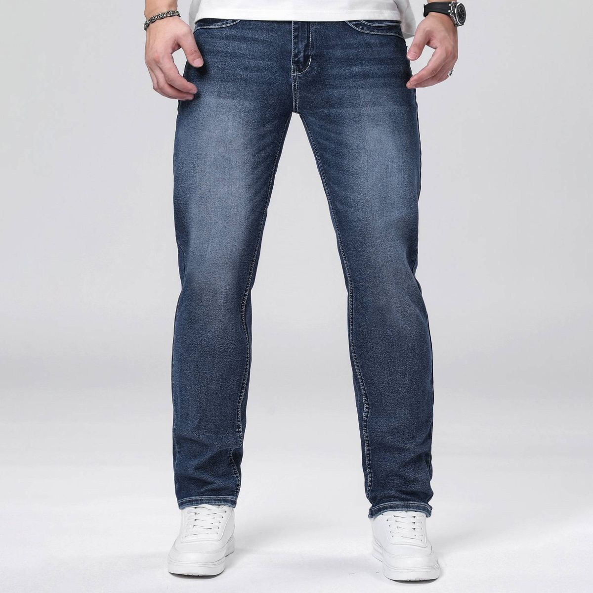 Men's Slim Fit Skinny Jeans Dark Blue Midweight Stretch Comfort Mid Waist For All Seasons_mkmklike.com