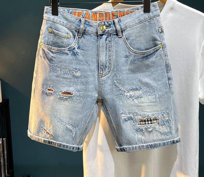Men's Trendy Ripped Stretchy Slim Fit Jeans mid Length Shorts Blue Korean Style Basic Straight Leg Embroidered Patches_mkmklike.com