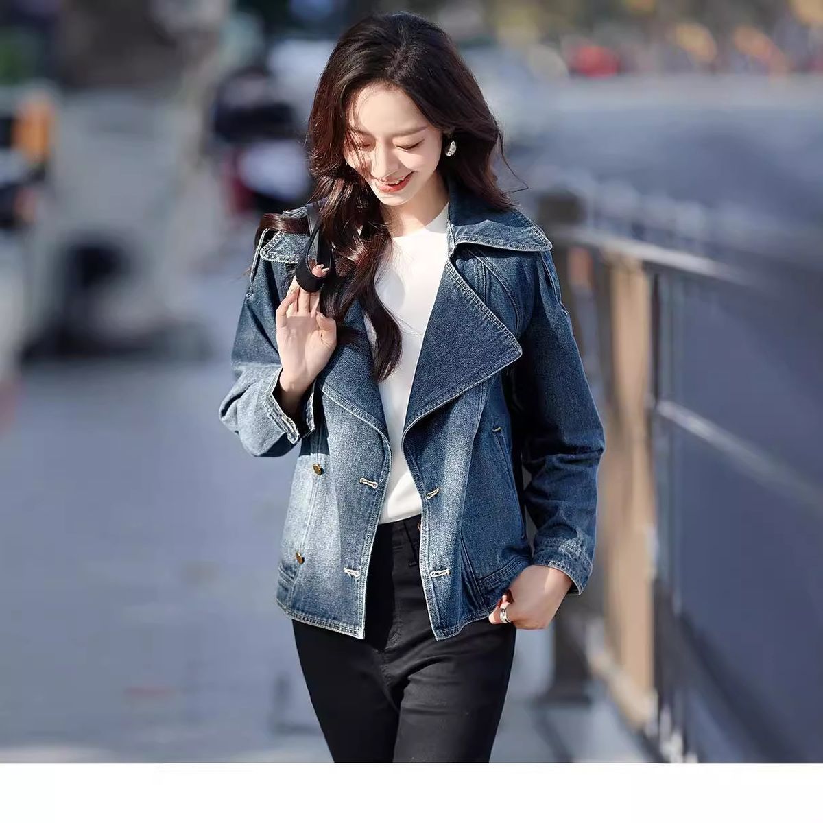 Women's Casual Stylish Trench Coat Short Collared Denim Jacket Spring Autumn New Fashion Style_mkmklike.com