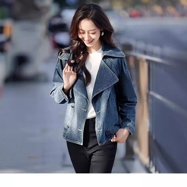 Women's Casual Stylish Trench Coat Short Collared Denim Jacket Spring Autumn New Fashion Style_mkmklike.com