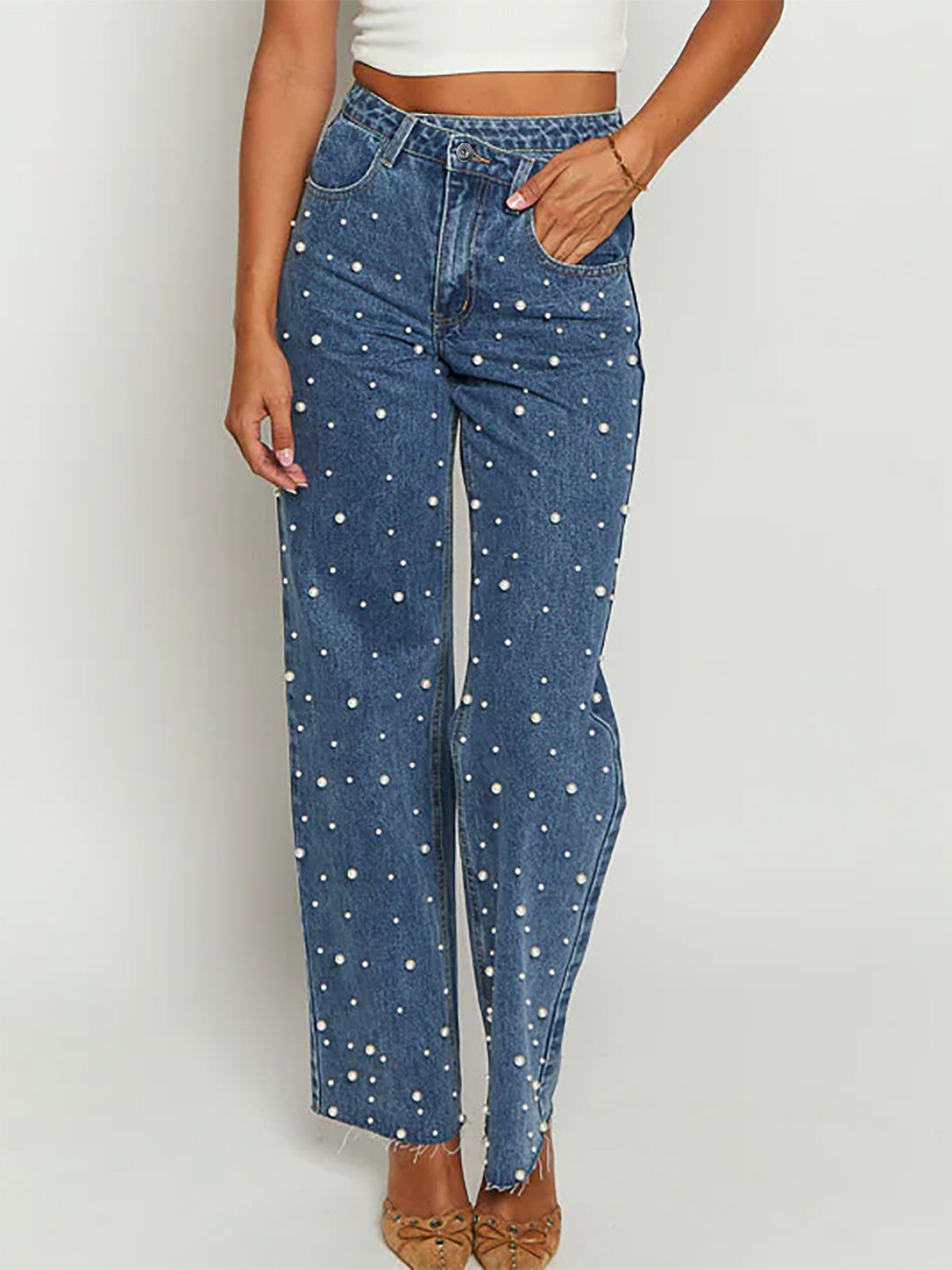 Women's Clothing Jeans For Women New Beaded Temperament Commuting Raw Edge Straight Pants Washed Fashion Jeans_mkmklike.com