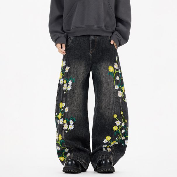 BSJ Trendy Spring Retro Floral Embroidered Curved Jeans For Men And Women, Loose Fit And Wide Leg Design._mkmklike.com