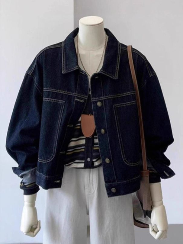 K New Dark Blue Short Denim Jacket With Women's Casual Pocket Design, Workwear Style, Slimming Top.No Accessories Or Interior Decorations_mkmklike.com