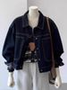 K New Dark Blue Short Denim Jacket With Women's Casual Pocket Design, Workwear Style, Slimming Top.No Accessories Or Interior Decorations_mkmklike.com