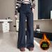 Women's Clothing Versatile Rhinestone Straight Leg Wide Leg Jeans Petite Regular Thickness Polyester Solid Pattern England Style Fashion_mkmklike.com