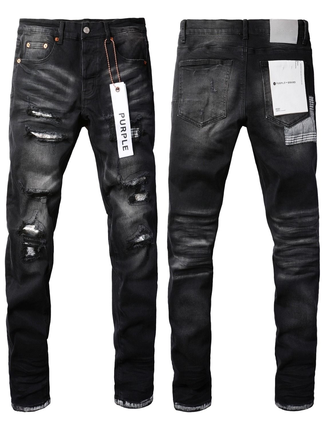 Y2K Motorcycle Stacked Flared Jeans, Black To Grey Fade, Plaid Lining Inside Rips, Multiple Distressed Holes, Summer-Friendly Unisex_mkmklike.com