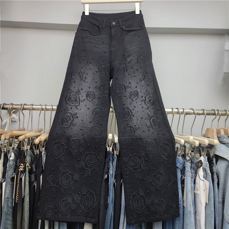Heavy Embellished Rhinestone Denim Pants | High-Waisted Wide-Leg Palazzo Jeans | Boho Chic Embroidery (S-XL)_mkmklike.com