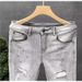 Men's Clothing Retro Washed And Distressed Light Colored Ripped Jeans For Men Trendy Slim Fit Cropped Style Jeans_mkmklike.com