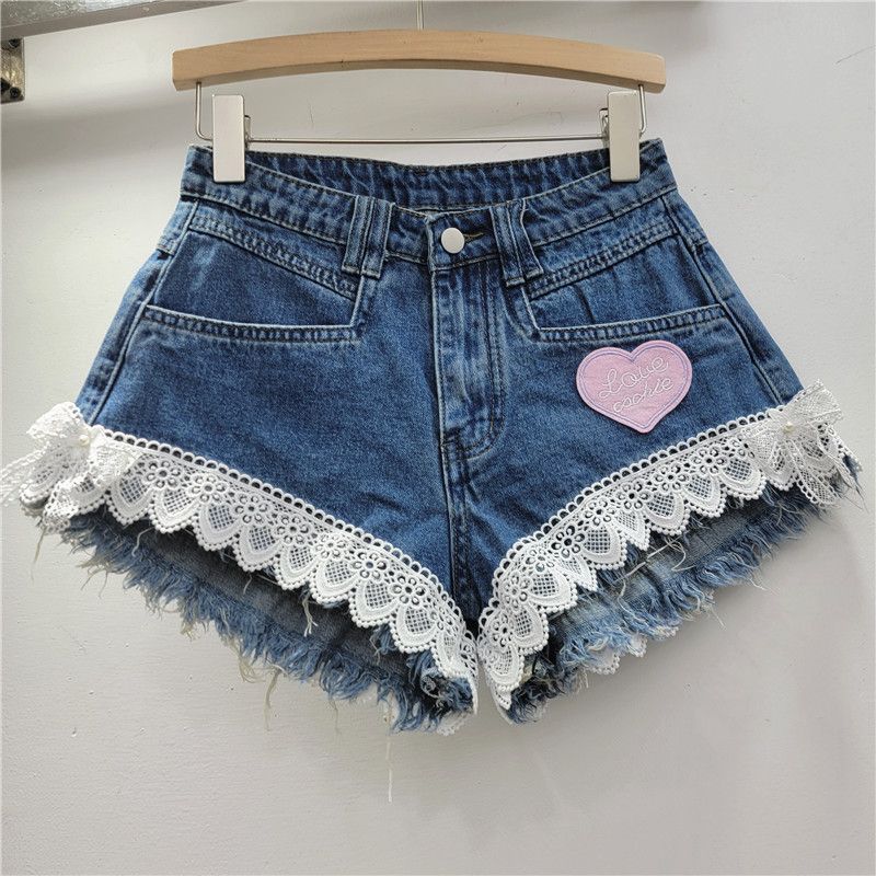 Women's Clothing Slim Stitching Lace Wide Leg A Line Raw Edge Denim Shorts Women's Hot Pants Trend_mkmklike.com