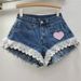 Women's Clothing Slim Stitching Lace Wide Leg A Line Raw Edge Denim Shorts Women's Hot Pants Trend_mkmklike.com
