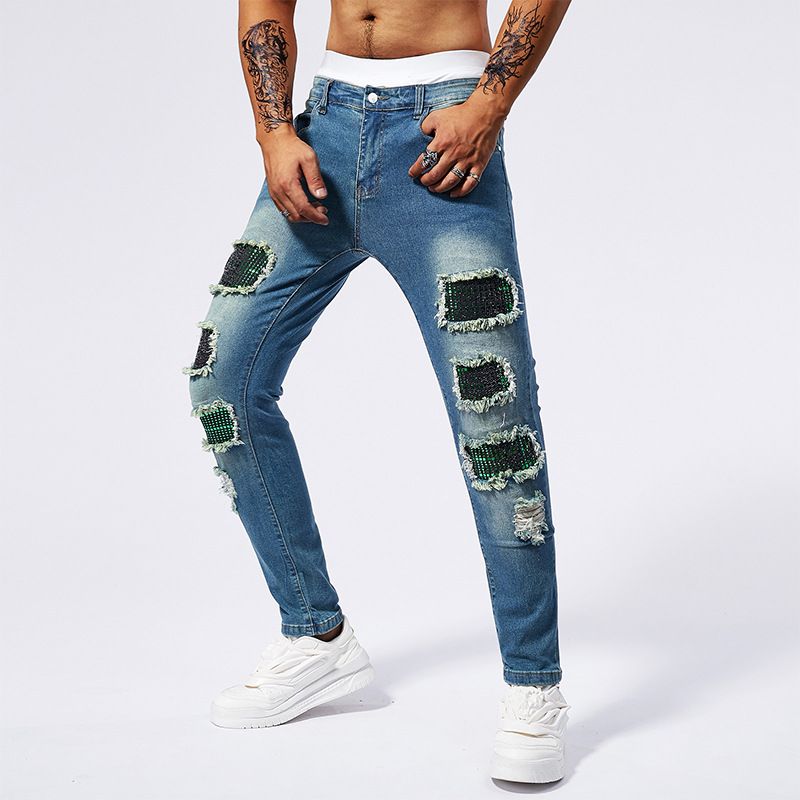 Men's Clothing Men's Ripped Jeans, Patch Men's Hip Hop Street Trend Youth Denim Trousers Tik Tok Cross Border Jeans_mkmklike.com