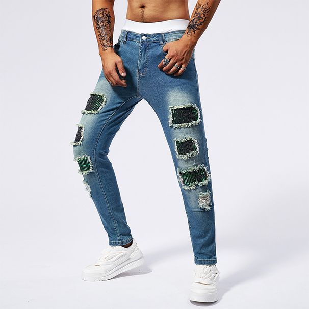 Men's Clothing Men's Ripped Jeans, Patch Men's Hip Hop Street Trend Youth Denim Trousers Tik Tok Cross Border Jeans_mkmklike.com