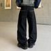 Men's Parisian Street Style Vintage Black Straight Leg Jeans With Chain Embellishment Loose Wide Leg Pants Trendy High Fashion_mkmklike.com